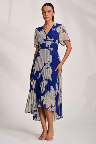 Pleated Chiffon Maxi Dress, Royal Blue Floral