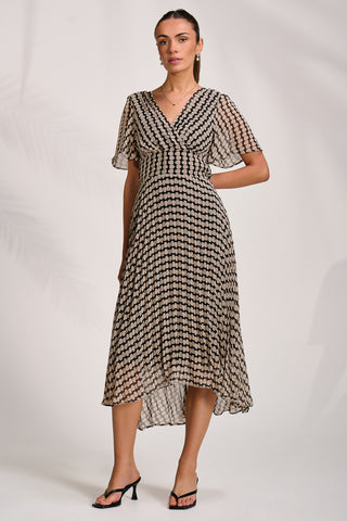Pleated Chiffon Maxi Dress, Stone/Black