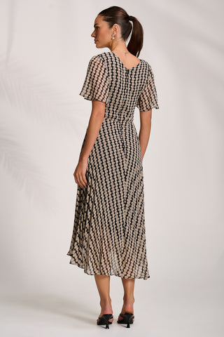 Pleated Chiffon Maxi Dress, Stone/Black