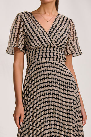 Pleated Chiffon Maxi Dress, Stone/Black