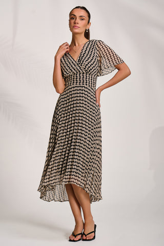 Pleated Chiffon Maxi Dress, Stone/Black