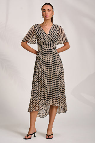 Pleated Chiffon Maxi Dress, Stone/Black