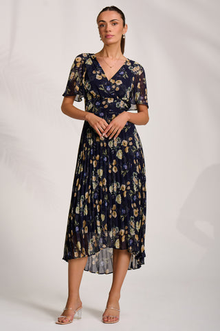 Pleated Chiffon Maxi Dress, Yellow Floral