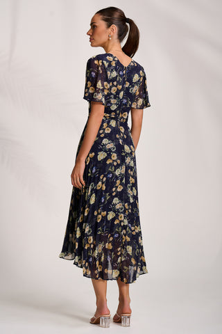 Pleated Chiffon Maxi Dress, Yellow Floral