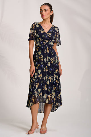 Pleated Chiffon Maxi Dress, Yellow Floral