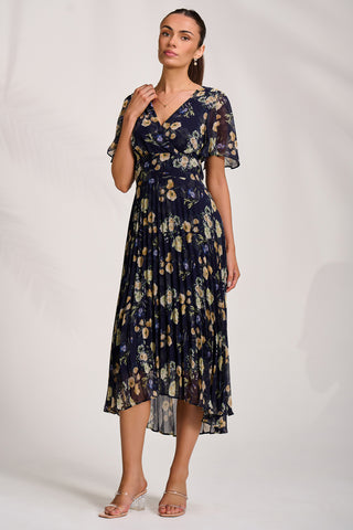 Pleated Chiffon Maxi Dress, Yellow Floral
