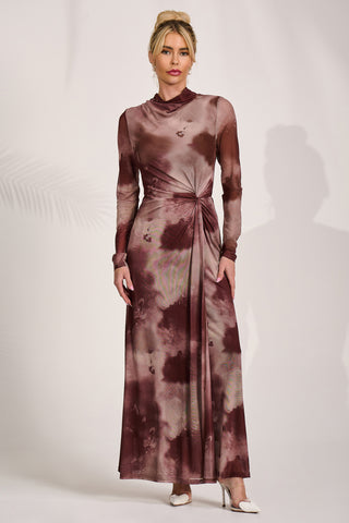 High Neck Long Sleeve Mesh Maxi Dress, Mocha Abstract