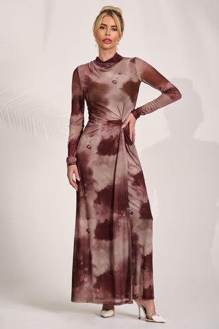 High Neck Long Sleeve Mesh Maxi Dress, Mocha Abstract