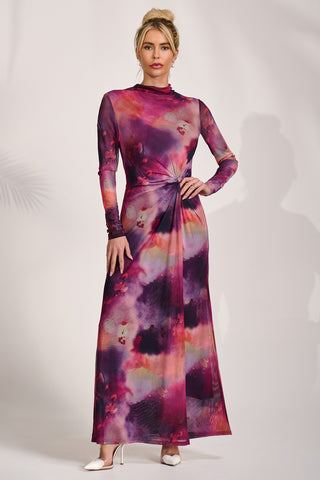 High Neck Long Sleeve Mesh Maxi Dress, Pink Abstract