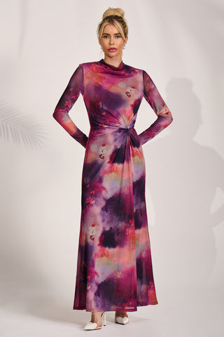 High Neck Long Sleeve Mesh Maxi Dress, Pink Abstract