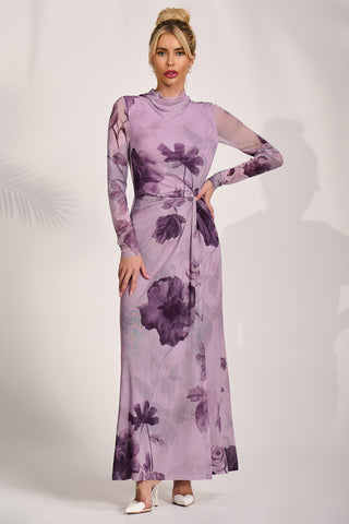 High Neck Long Sleeve Mesh Maxi Dress, Purple Floral
