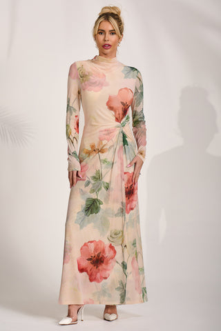 High Neck Long Sleeve Mesh Maxi Dress, Yellow Floral