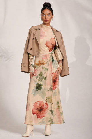 High Neck Long Sleeve Mesh Maxi Dress, Yellow Floral