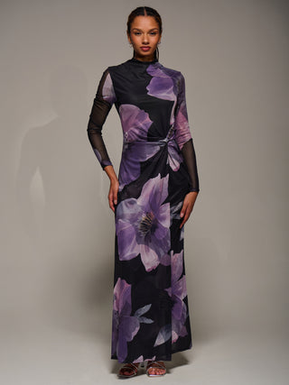 High Neck Long Sleeve Mesh Maxi Dress, Purple Floral