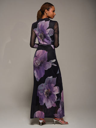 High Neck Long Sleeve Mesh Maxi Dress, Purple Floral