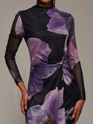High Neck Long Sleeve Mesh Maxi Dress, Purple Floral
