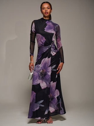 High Neck Long Sleeve Mesh Maxi Dress, Purple Floral