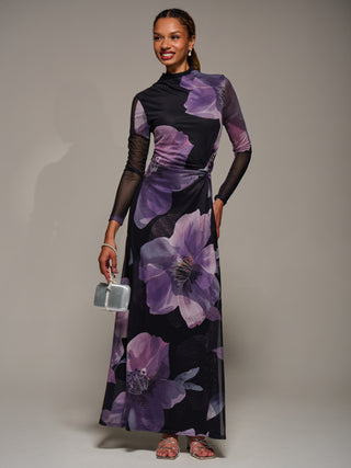 High Neck Long Sleeve Mesh Maxi Dress, Purple Floral