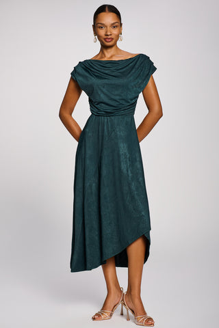 Asymmetrical Drap Textured Sheen Midi Dress, Dark Green