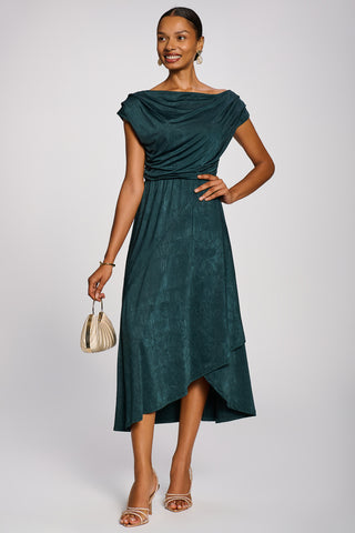 Asymmetrical Drap Textured Sheen Midi Dress, Dark Green