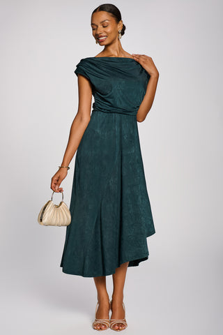 Asymmetrical Drap Textured Sheen Midi Dress, Dark Green