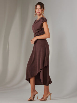 Asymmmetric Draped Midi Dress, Brown