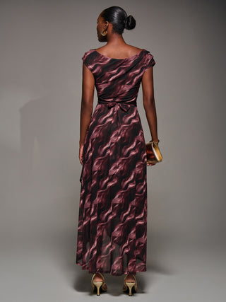 Asymmetric Draped Mesh Maxi Dress, Pink Abstract