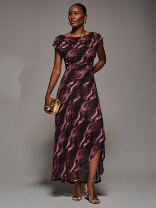 Asymmetric Draped Mesh Maxi Dress, Pink Abstract