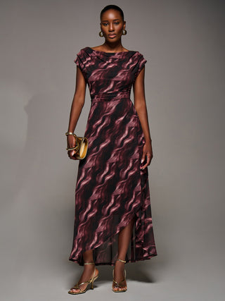 Asymmetric Draped Mesh Maxi Dress, Pink Abstract