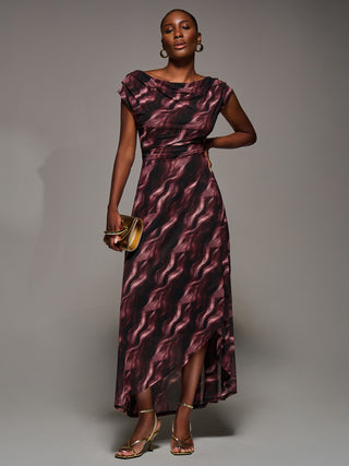 Asymmetric Draped Mesh Maxi Dress, Pink Abstract