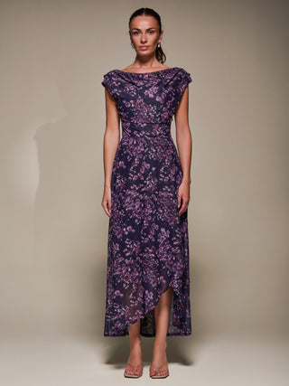Asymmetric Draped Mesh Maxi Dress, Purple Floral