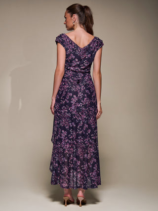 Asymmetric Draped Mesh Maxi Dress, Purple Floral