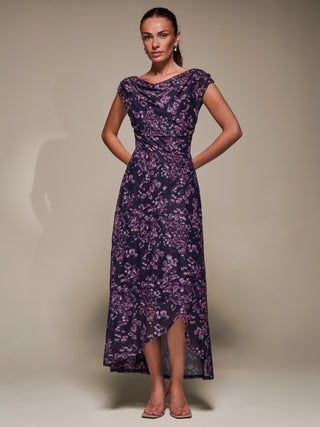 Asymmetric Draped Mesh Maxi Dress, Purple Floral
