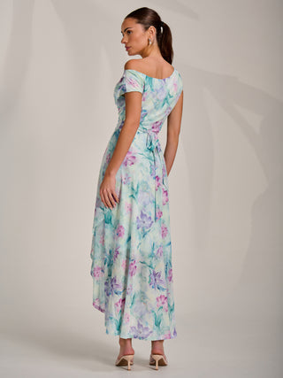 Asymmetric Draped Mesh Maxi Dress, Green Floral