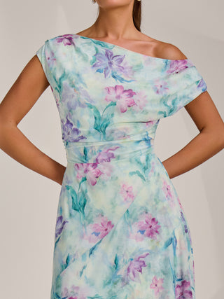 Asymmetric Draped Mesh Maxi Dress, Green Floral