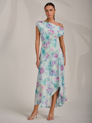 Asymmetric Draped Mesh Maxi Dress, Green Floral