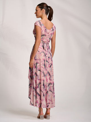 Asymmetric Draped Mesh Maxi Dress, Pink Abstract