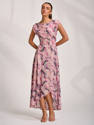 Asymmetric Draped Mesh Maxi Dress, Pink Abstract