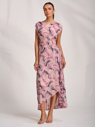 Asymmetric Draped Mesh Maxi Dress, Pink Abstract
