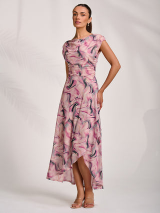 Asymmetric Draped Mesh Maxi Dress, Pink Abstract