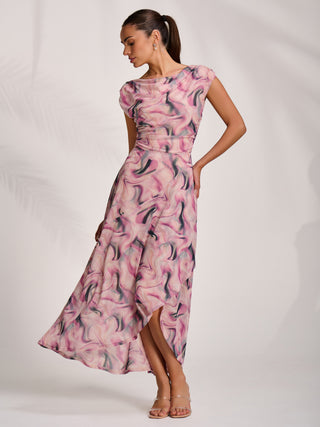 Asymmetric Draped Mesh Maxi Dress, Pink Abstract