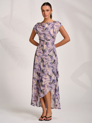 Asymmetric Draped Mesh Maxi Dress, Purple Abstract