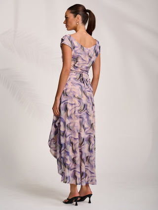 Asymmetric Draped Mesh Maxi Dress, Purple Abstract