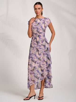 Asymmetric Draped Mesh Maxi Dress, Purple Abstract