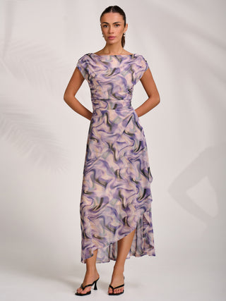 Asymmetric Draped Mesh Maxi Dress, Purple Abstract