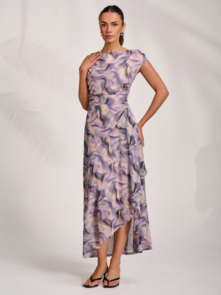 Asymmetric Draped Mesh Maxi Dress, Purple Abstract