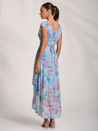 Asymmetric Draped Mesh Maxi Dress, Blue Floral