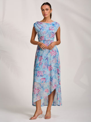 Asymmetric Draped Mesh Maxi Dress, Blue Floral