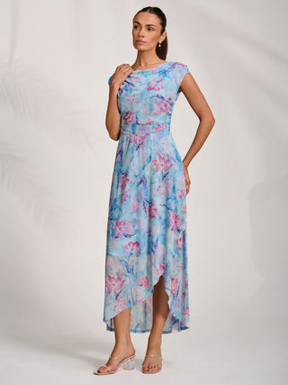 Asymmetric Draped Mesh Maxi Dress, Blue Floral