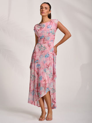 Asymmetric Draped Mesh Maxi Dress, Pink Floral